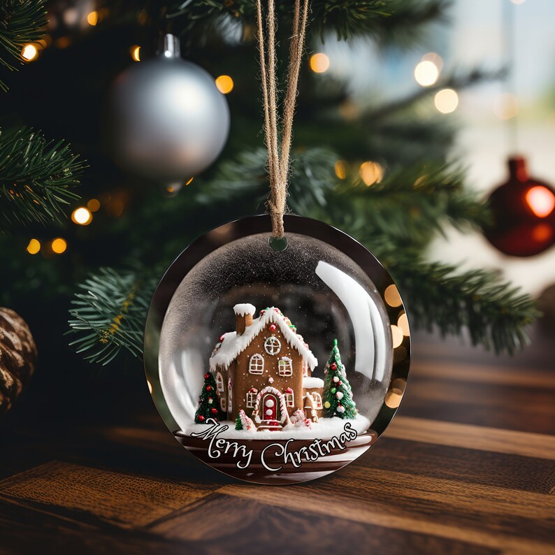 K&ouml;nnte beinhalten: Eine transparente, runde Weihnachtskugel mit einem Lebkuchenhaus im Inneren, komplett mit wei&szlig;em Dach, roter T&uuml;r und gr&uuml;nen B&auml;umen. Der Schmuck tr&auml;gt die Aufschrift "Merry Christmas" und h&auml;ngt an einer braunen Schnur.
