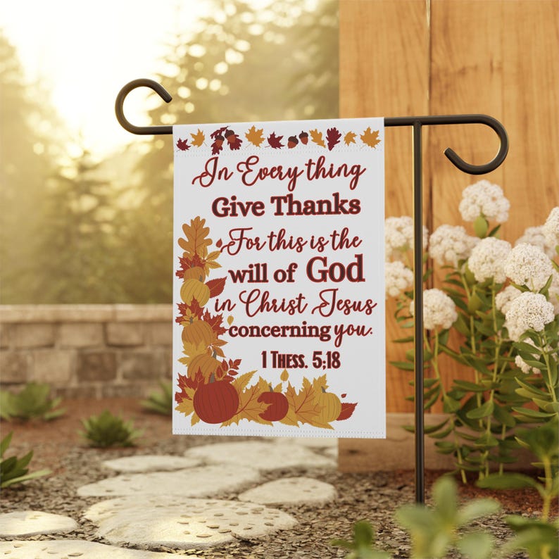 In Everything Give Thanks Autumn Scripture Yard Flag, Fall Decor, Church Sign, Thanksgiving Flag, Harvest Festival Decor Pumpkins Christian image 1