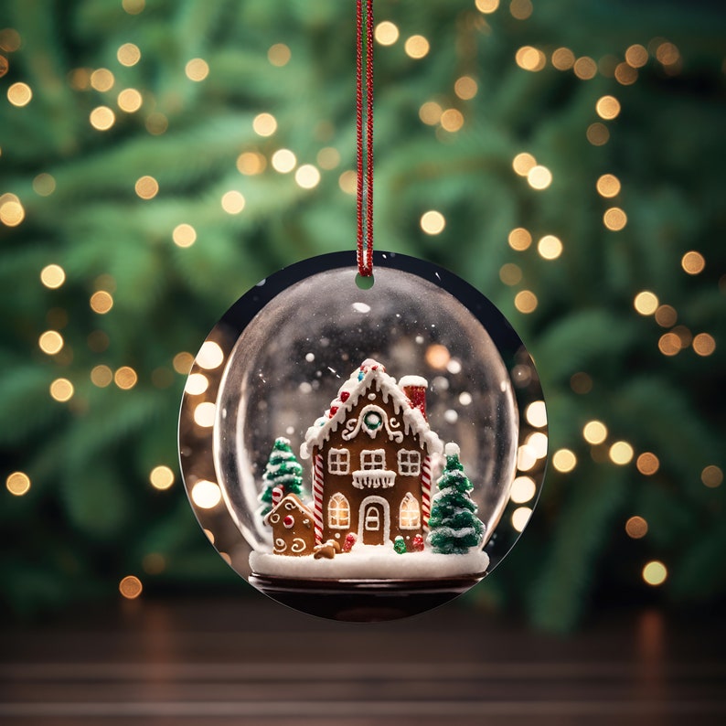 K&ouml;nnte beinhalten: Ein klarer, runder Weihnachtsschmuck mit einer Lebkuchenhaus-Szene im Inneren. Das Haus ist braun mit wei&szlig;en Zuckergussdetails, einem roten Dach und einem Schornstein. Zwei gr&uuml;ne Weihnachtsb&auml;ume und ein kleines Lebkuchenhaus sind ebenfalls vorhanden. Der Schmuck h&auml;ngt an einem roten Band.
