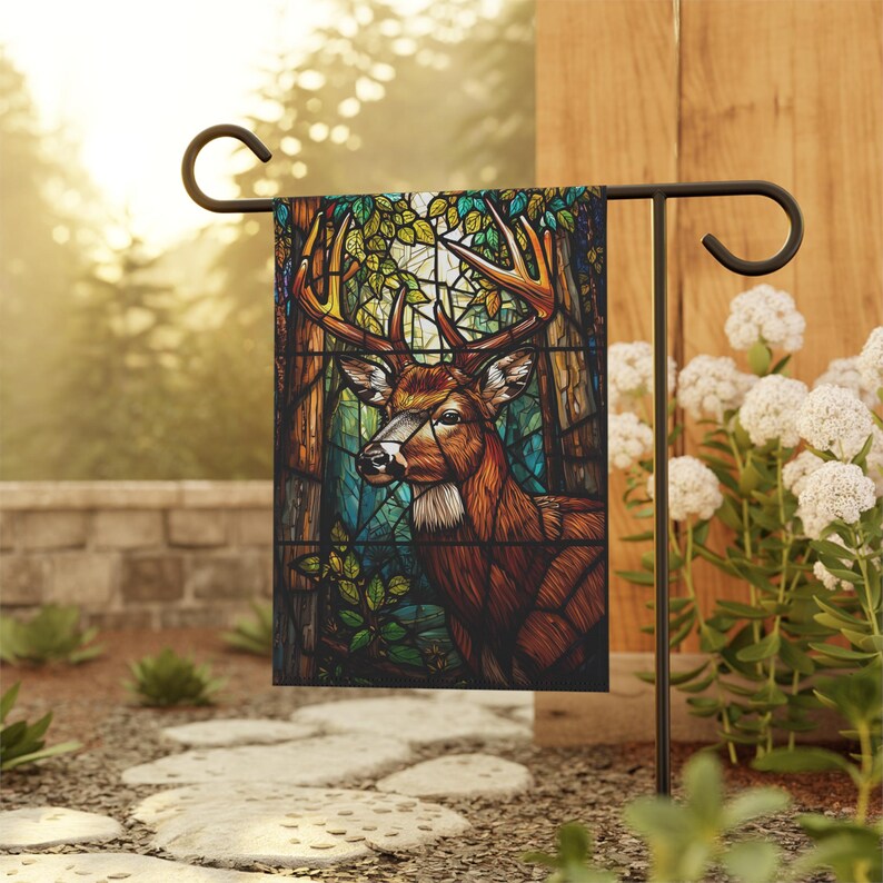 Buck Stained Glass Imitaion Flag Autumn Yard decor, Classical Country Fall Decor, Gift for Hunter, Cabin Outdoor Decor, Beautiful Woodsy image 2
