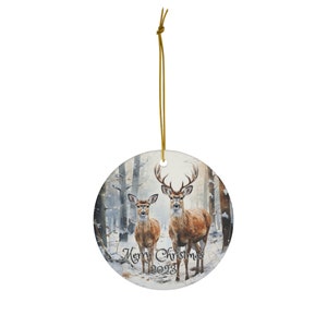 Personalized Merry Christmas 2024 Ornament Deer Couple Traditional Holiday Keepsake Gift Idea Heirloom Present Winter Snowy Woods Ceramic image 4
