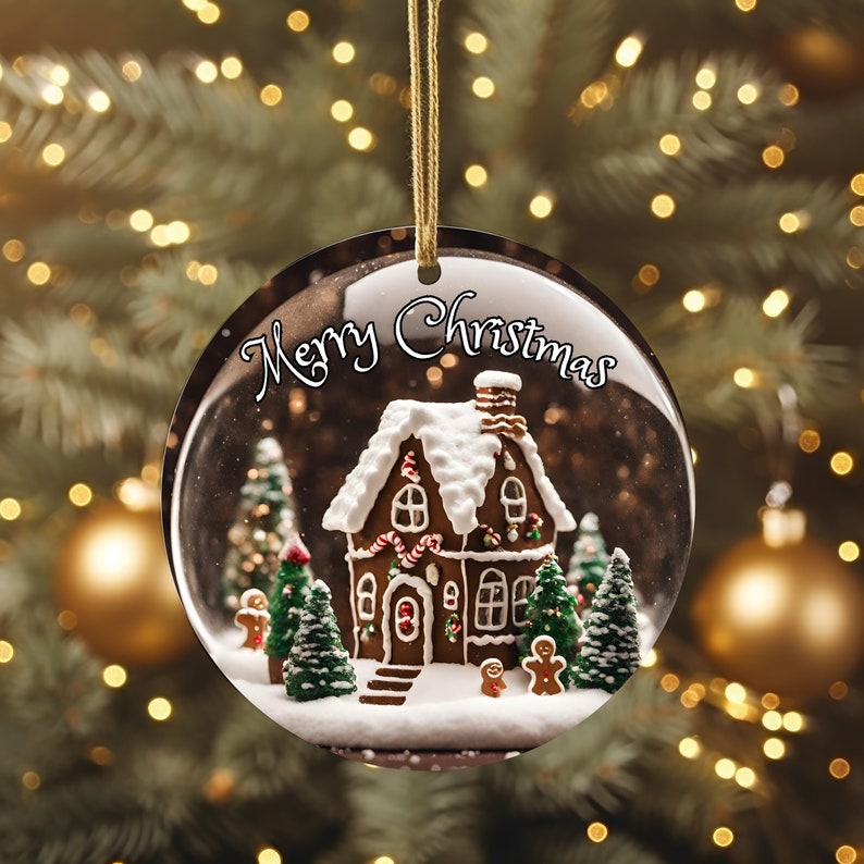 K&ouml;nnte beinhalten: Runder Weihnachtsschmuck mit einem Lebkuchenhaus, einem schneebedeckten Dach und festlichen Akzenten. Der Schriftzug "Merry Christmas" ist in Wei&szlig; gehalten. Der Schmuck h&auml;ngt an einem goldenen Faden.