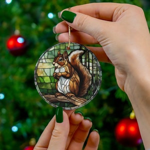 Squirrel Ceramic Ornament, Printed Image of Stained Glass, Christmas Gift idea, Keepsake Traditional Heirloom, Scenic Squirrel Lover Gift image 4