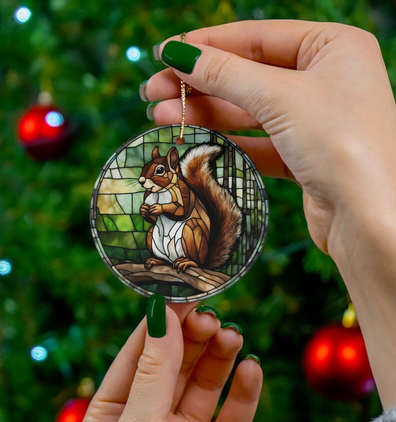 Squirrel Ceramic Ornament, Printed Image of Stained Glass, Christmas Gift idea, Keepsake Traditional Heirloom, Scenic Squirrel Lover Gift image 4