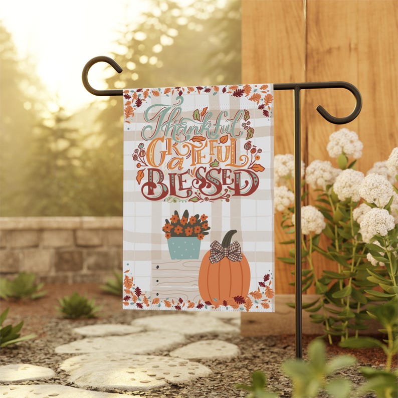 Thankful Grateful Blessed, Thanksgiving Flag Cute Plaid Pumpkin Floral Autumn Yard Flag, Classical Fall Decor Farmhouse Harvest Holiday Flag image 2