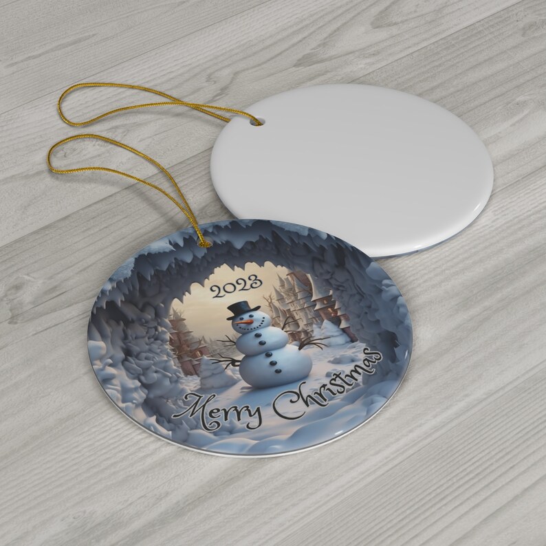 Muñeco de nieve personalizado en túnel de nieve, imagen 3D en adorno navideño de cerámica, decoración navideña 2025, regalo de recuerdo, muñeco de nieve imagen 3