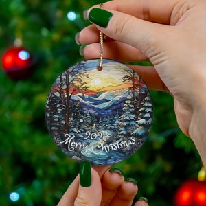 Stained Glass Imitation, Beautiful Scenic Winter Mountains, Image on Ceramic Christmas Ornament 2024, Keepsake Christmas Gift, Traditional, image 5