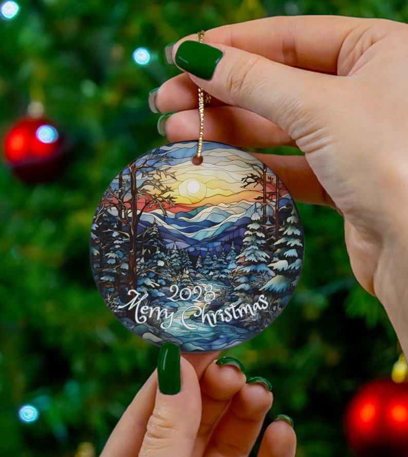 Stained Glass Imitation, Beautiful Scenic Winter Mountains, Image on Ceramic Christmas Ornament 2024, Keepsake Christmas Gift, Traditional, image 5