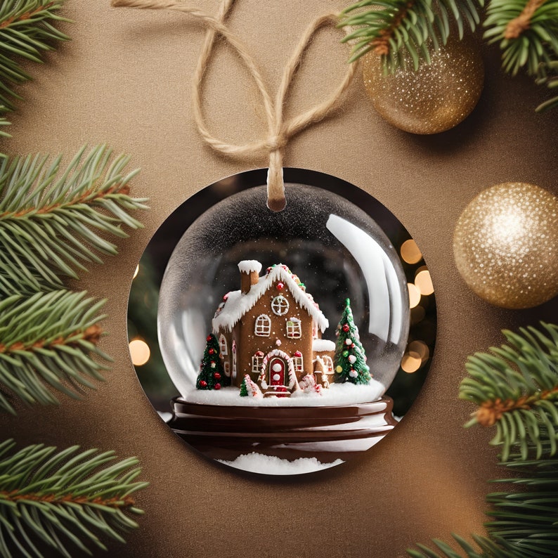 K&ouml;nnte beinhalten: Ein klarer, runder Weihnachtsschmuck mit einem Lebkuchenhaus in einer Schneekugel. Das Lebkuchenhaus hat wei&szlig;e Zuckergussdetails und ist von Miniatur-Weihnachtsb&auml;umen umgeben. Der Schmuck h&auml;ngt an einer Schnur vor einem goldenen Hintergrund.