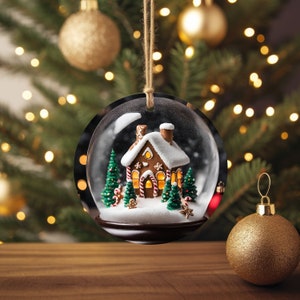 K&ouml;nnte beinhalten: Ein klarer, runder Weihnachtsschmuck mit einer Miniatur-Lebkuchenhaus-Szene im Inneren. Das Haus hat ein wei&szlig;es, schneebedecktes Dach und ist von kleinen gr&uuml;nen Weihnachtsb&auml;umen und Zuckerstangen umgeben. Der Schmuck h&auml;ngt an einer Schnur.