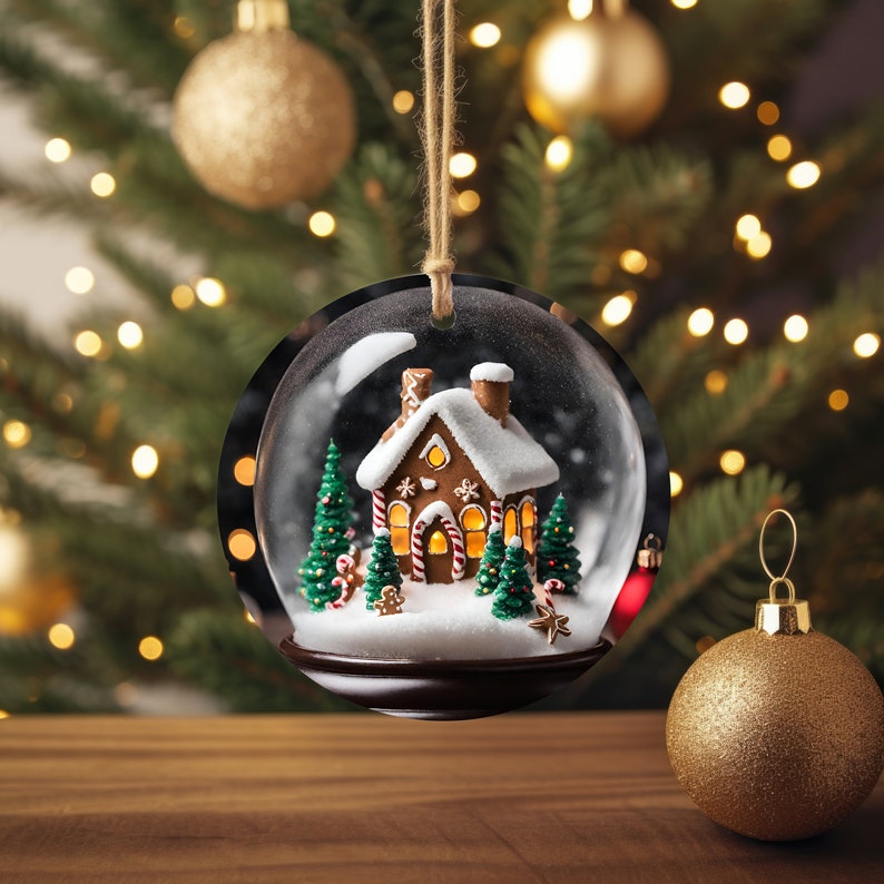 K&ouml;nnte beinhalten: Ein klarer, runder Weihnachtsschmuck mit einer Miniatur-Lebkuchenhaus-Szene im Inneren. Das Haus hat ein wei&szlig;es, schneebedecktes Dach und ist von kleinen gr&uuml;nen Weihnachtsb&auml;umen und Zuckerstangen umgeben. Der Schmuck h&auml;ngt an einer Schnur.