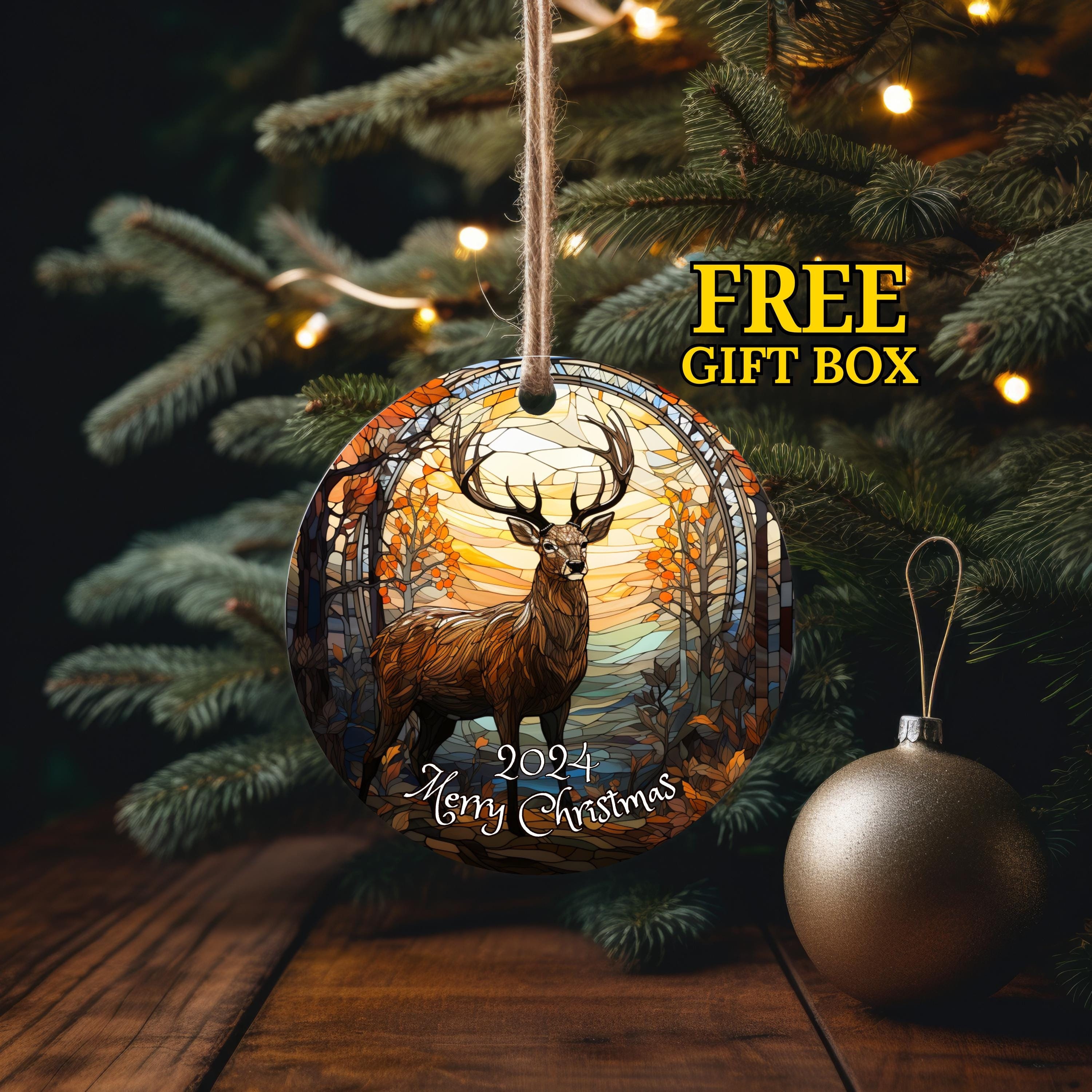 Stained Glass Imitation, Scenic Deer Personalized Image on Ceramic Christmas Ornament 2024, Keepsake Gift, Hunter Gift Idea Woodsy, Buck