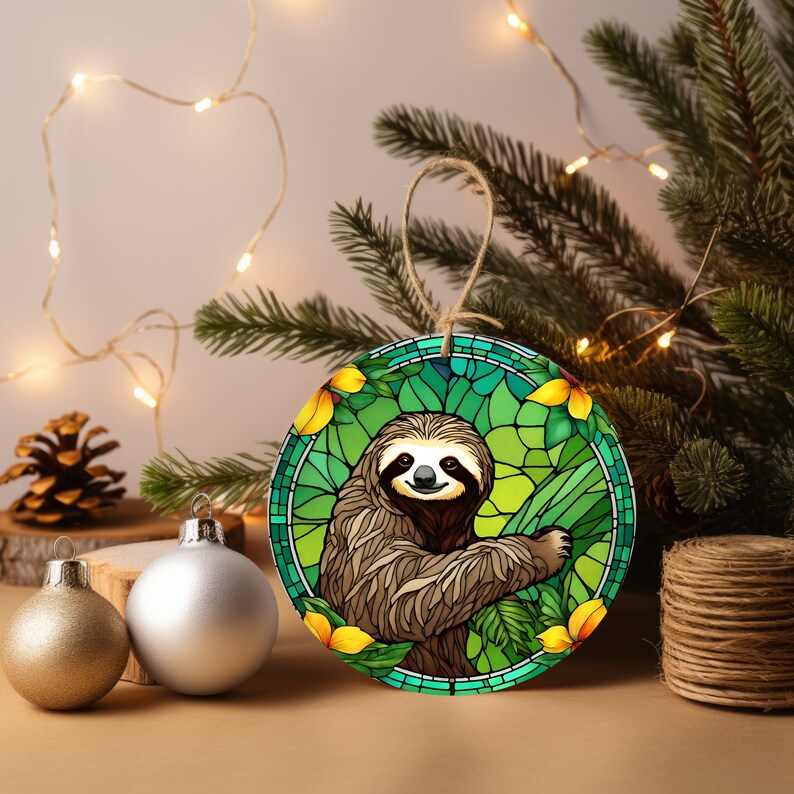 May include: A round Christmas ornament featuring a stained glass style illustration of a sloth in a green jungle setting with yellow flowers.