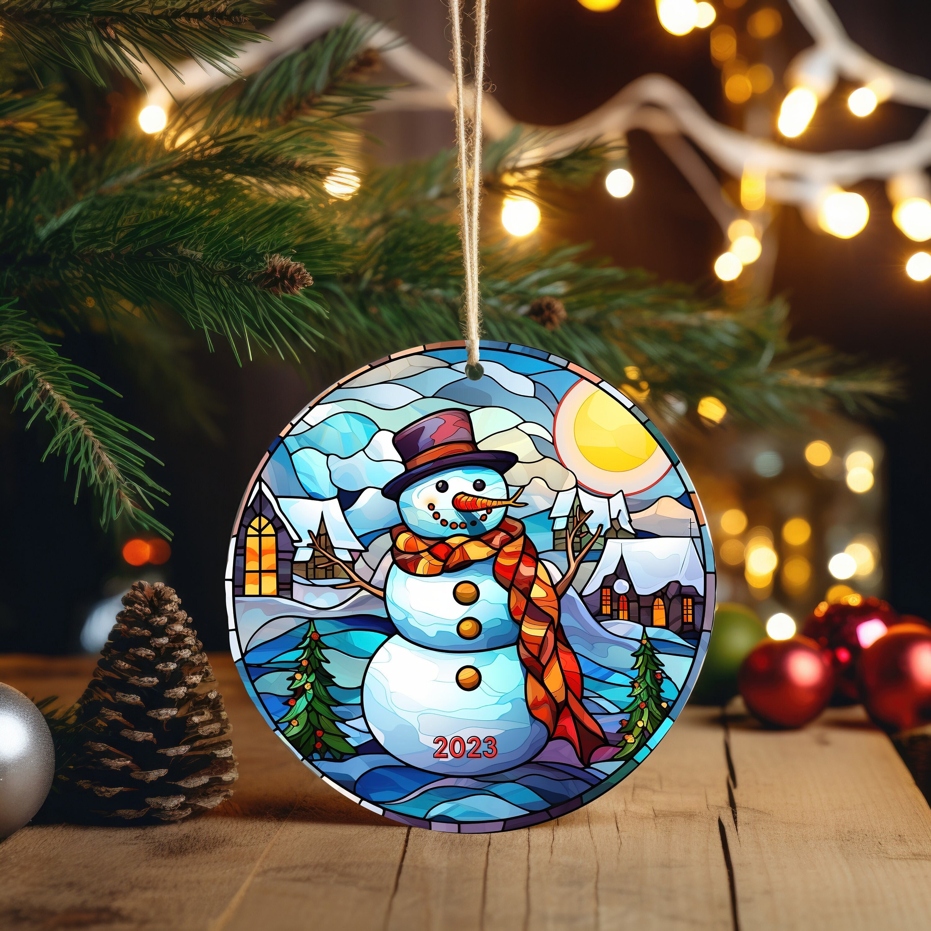 ステンドグラス クリスマス 雪だるま オーナメント セラミック