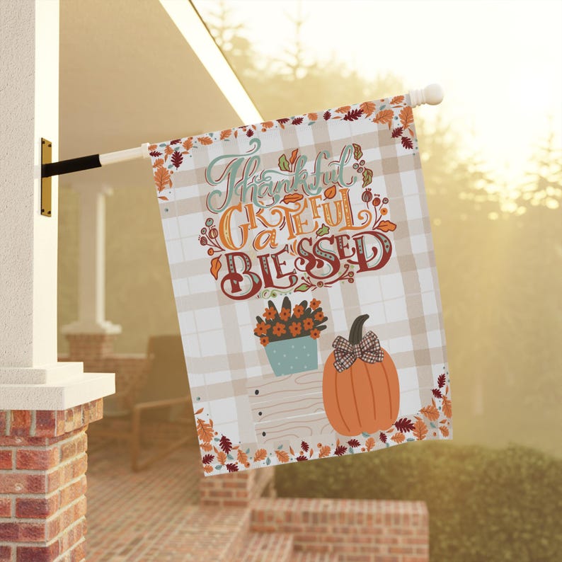 Thankful Grateful Blessed, Thanksgiving Flag Cute Plaid Pumpkin Floral Autumn Yard Flag, Classical Fall Decor Farmhouse Harvest Holiday Flag image 3