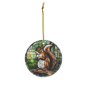 Squirrel Ceramic Ornament, Printed Image of Stained Glass, Christmas Gift idea, Keepsake Traditional Heirloom, Scenic Squirrel Lover Gift image 5