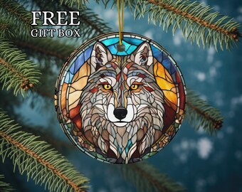 Wolf Stained Glass Imitation Ornament, Majestic Gift Idea, Beautiful 2024 Christmas Gift Keepsake Wolf Lover Decor Traditional Wildlife Gift