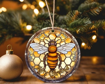 Imitación de vidrieras, Abeja navideña, Panal, Adorno de cerámica 2024, Recuerdo de Navidad, Regalo de Navidad, Adorno tradicional elegante