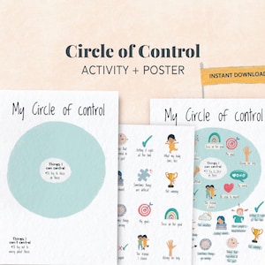 Hoja de trabajo del círculo de control para niños de 5 años en adelante, ayuda a los niños con la resiliencia, la atención plena y las emociones, incluye un póster del círculo de control.