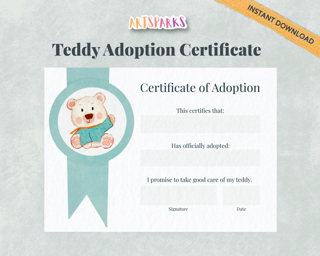 Teddy Bear Adoption Certificate, Instant Download PDF, School Activity