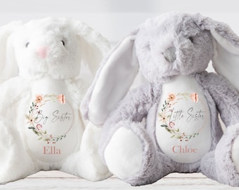 Cadeaux personnalisés grande soeur, cadeau petite soeur, peluche grande soeur, cadeau soeur, faire-part grande soeur, soeur lapin, nouveau bébé, petite fille lapin