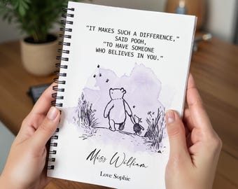 Personalised Notebook,End Of Term Gift,Teacher Gifts,Teacher Planner,Winnie The Pooh,Diary Notepad,Spiral Notebook,Teacher Gifts,Custom Text