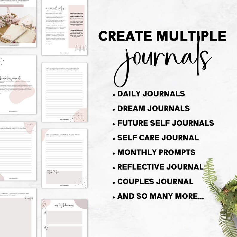 May include: A printable guide with the text "CREATE MULTIPLE journals" and a list of different types of journals, including daily, dream, future self, self care, monthly prompts, reflective, couples, and more.