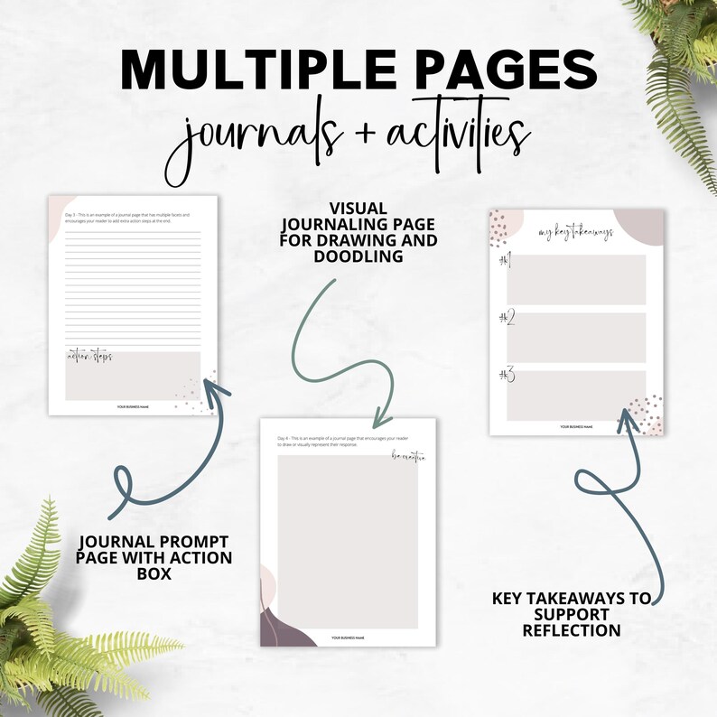 May include: Three printable journal pages with different layouts. The first page is a journal prompt with an action box. The second page is a visual journaling page for drawing and doodling. The third page is a key takeaways to support reflection page.
