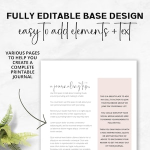 May include: A printable journal template with a pink and white color scheme. The text on the page reads "FULLY EDITABLE BASE DESIGN easy to add elements + Text" and "a journaling tip - Use this space to talk about creating rituals around journaling and making it a habit."