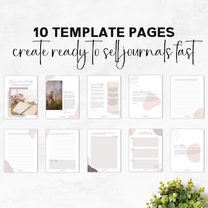 May include: Ten printable journal template pages with different designs and prompts. The pages feature a variety of abstract shapes and patterns in pink, white, and black. The text on the pages includes "30 Days of Journal Prompts", "Hello there", "a powerful affirmation", "how to start a journal", "my daily affirmations", "your next steps", and "create ready to sell journals fast".
