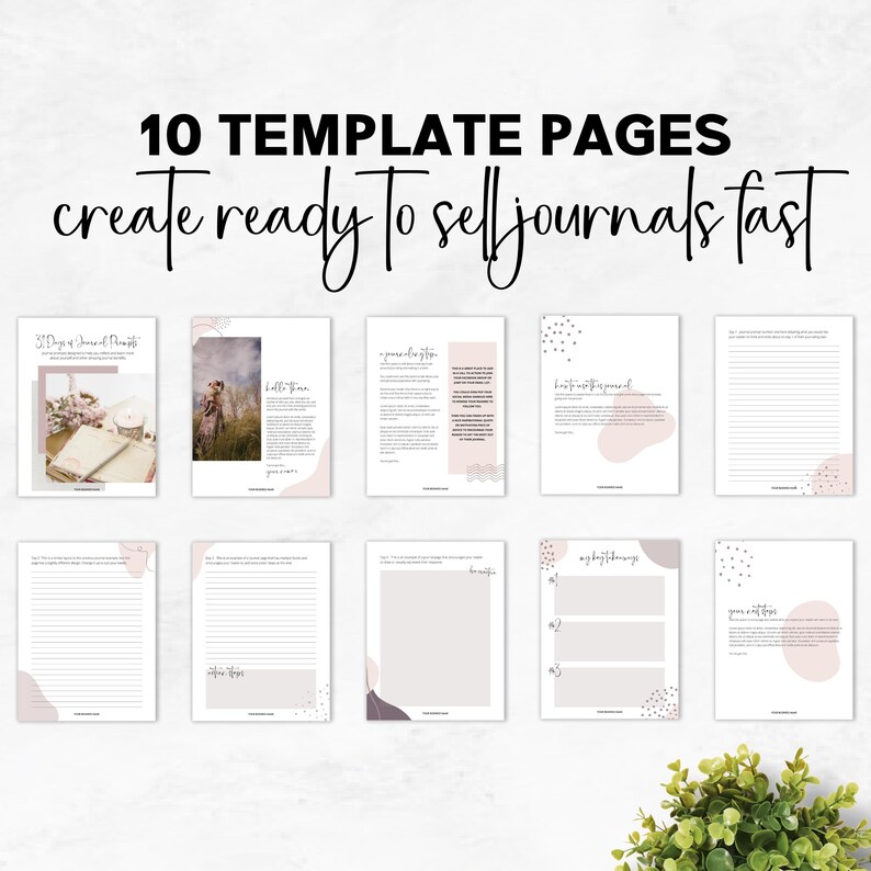 May include: Ten printable journal template pages with different designs and prompts. The pages feature a variety of abstract shapes and patterns in pink, white, and black. The text on the pages includes "30 Days of Journal Prompts", "Hello there", "a powerful affirmation", "how to start a journal", "my daily affirmations", "your next steps", and "create ready to sell journals fast".