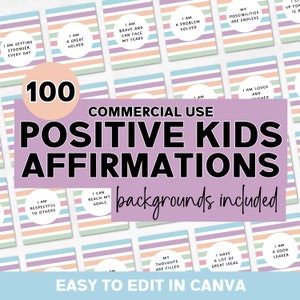 May include: 100 printable positive affirmations for children. The affirmations are in colourful circles with striped backgrounds. The text includes phrases like "I am a great helper", "I am brave and can face my fears", and "My possibilities are endless".