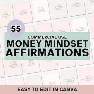 55 afirmaciones sobre el dinero PLR, afirmaciones editables sobre el dinero, uso comercial, plantilla de Canva para tarjetas de afirmación, afirmaciones positivas sobre el dinero