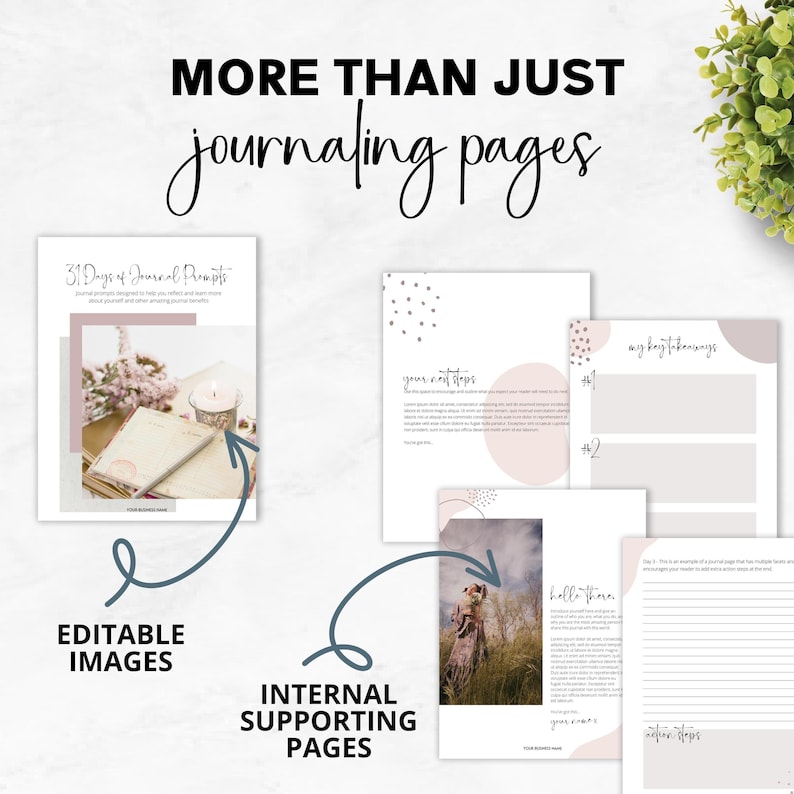 May include: A set of printable journaling pages with a pink and white color scheme. The pages include prompts for self-reflection, goal setting, and gratitude. The pages are designed to help you reflect and learn more about yourself and other amazing journal benefits.