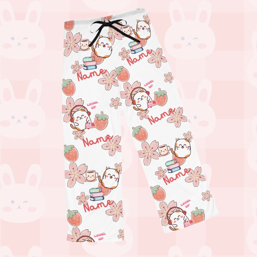Kawaii Cute Pajama Pants Custom Name, Gamer Girl Kawaii Pjs, Gifts for Girls Cute Pajama Bottoms