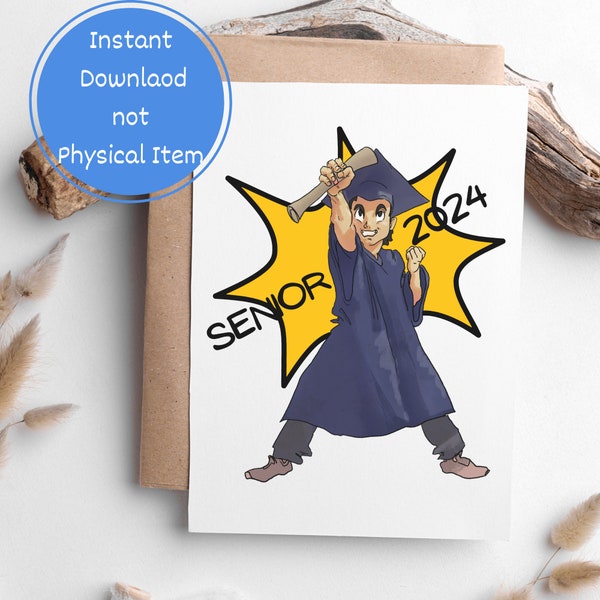 Japanese Anime Cartoon Style Senior 2024 Class Printable Card for Graduation Digital Instant Download Card D Ball Inspired Card For Boys Guy