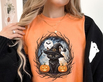 Niedliches schwarzes Witchy Katzen-Shirt, Halloween-schwarze Katzen-T-Shirt, gruselige Saison Shirt, Kürbis-Katzen-T-Shirt, Halloween-Party-Shirt Grafik-T-Stück, Gothcore