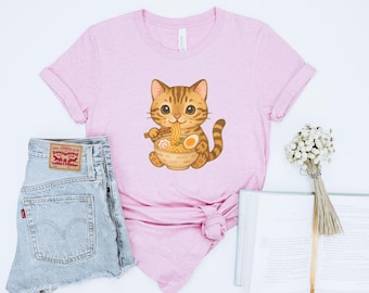Cute Cat Ramen Shirt, Funny Cat Shirt, Ramen Cat T-Shirt, Ramen Lover Tee, Kawaii Noodle Cat Top, Cute Kawaii Cat Graphic T-Shirt