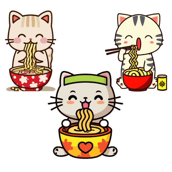 Cat Eating Ramen PNG, Kawaii Style Cat Loves Ramen PNG File, Ramen Cat Clipart, Ramen Cat Lover Digital Download, Cute Cat Ramen Clipart