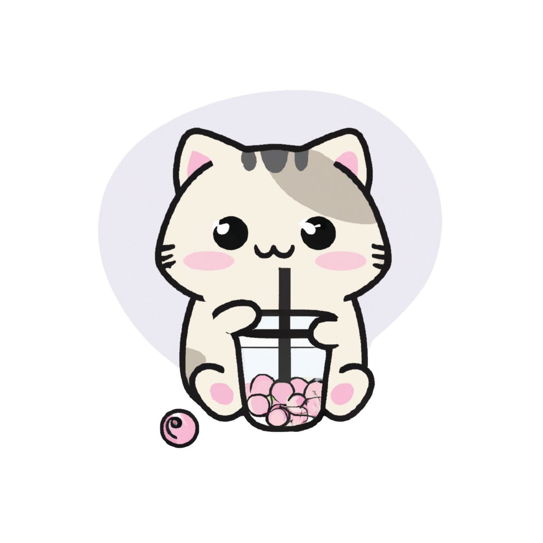 Cute Kawaii Cat Drinking Boba Milk Tea PNG, Bubble Tea Cat PNG