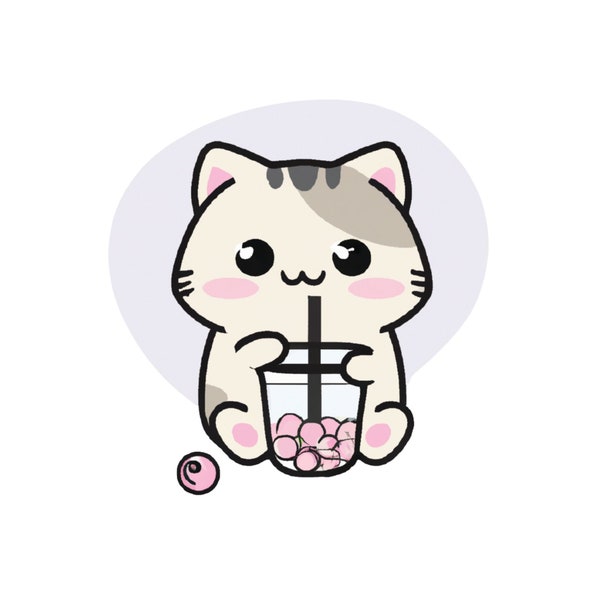 Chat Kawaii mignon buvant du thé au lait Boba PNG, Bubble Tea Cat PNG Graphic, Pearl Drink PNG,