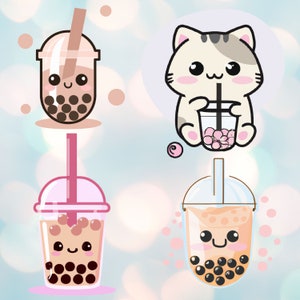 Boba Pearl Milk Tea Clipart PNG Files, Bubble Tea Clipart Set, Kawaii Style Cute Boba Tea Drink Cat PNG Download Graphics, Printable