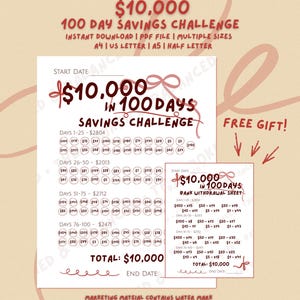 10,000 Dollar Savings Challenge Tracker, 100 Day Money Saving PDF, + Free Bank Withdrawal Sheet
