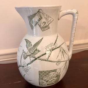 Victorian Aesthetic Ironstone Pitcher Green Transferware Pattern