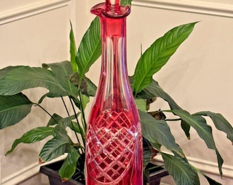 Ruby Red Cranberry Crystal Decanter: Cut Glass Overlay, Diamond Starburst Patterns