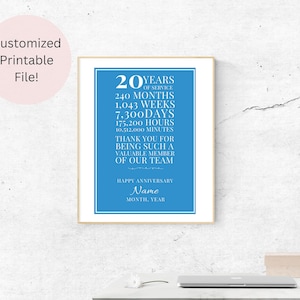 20 Year Work Anniversary Digital Download Poster Customized Personalized
