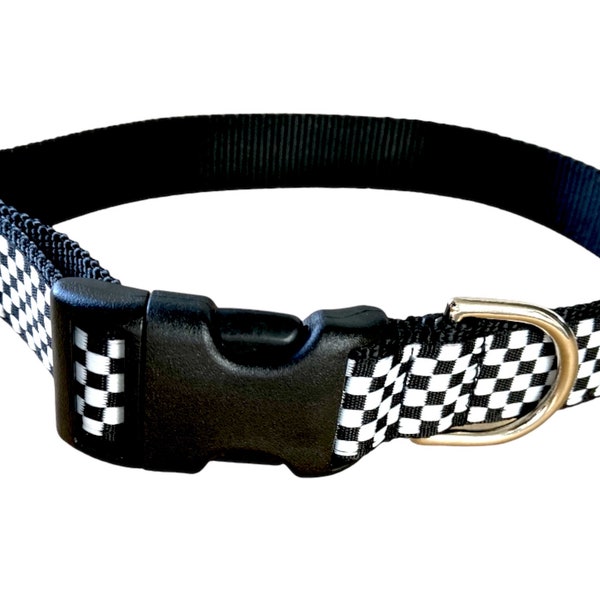Checkered Flag Racing Dog Collar Leash Set, Handmade 1” Width, Race Car Dog Collar, Finish Line, Race Day, Auto Racing Speedway Theme