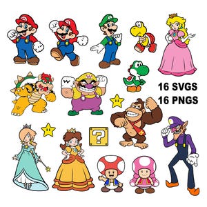 16 Svgs and Pngs, Mario and Characters Svgs, Cricut Digital Download Cut File
