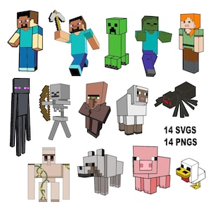 14 Svgs- en Pngs-bundel, Minecraft en Characters Svgs, Cricut digitaal snijbestand downloaden