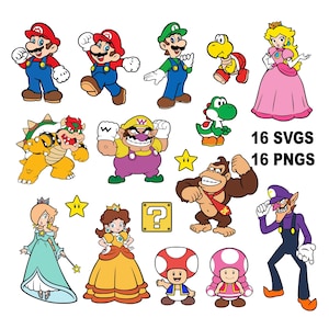 May include: A collection of colorful cartoon characters from the Super Mario video game series. The image includes Mario, Luigi, Princess Peach, Yoshi, and other characters. Text on the image reads "16 SVGS 16 PNGS."